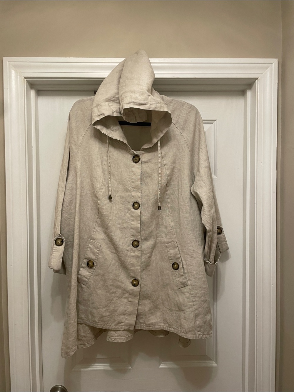 For Cynthia Neutral 100% Linen Hooded lightweight short Trench Coat buttons